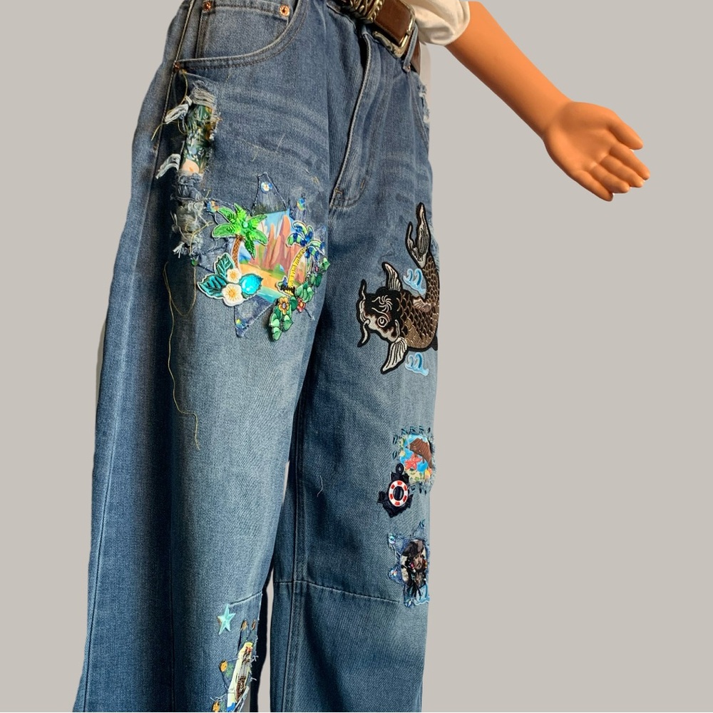 Upcycled Embroidered, Patched, and Distressed Barrel Jean with a Caribbean Theme - Picture 6 of 14